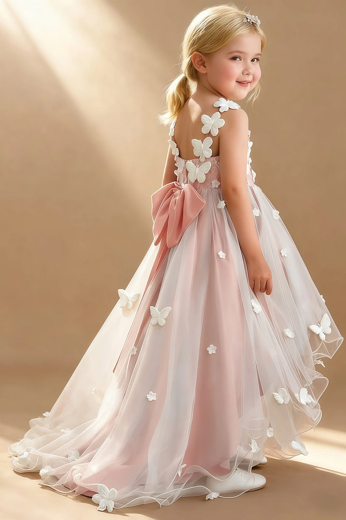 Akaks Eria Rosette Flower Girl Dress A-Line V-Neck Lace Tulle Asymmetrical Hem Sleeveless 3D White Flowers Dress Image525768
