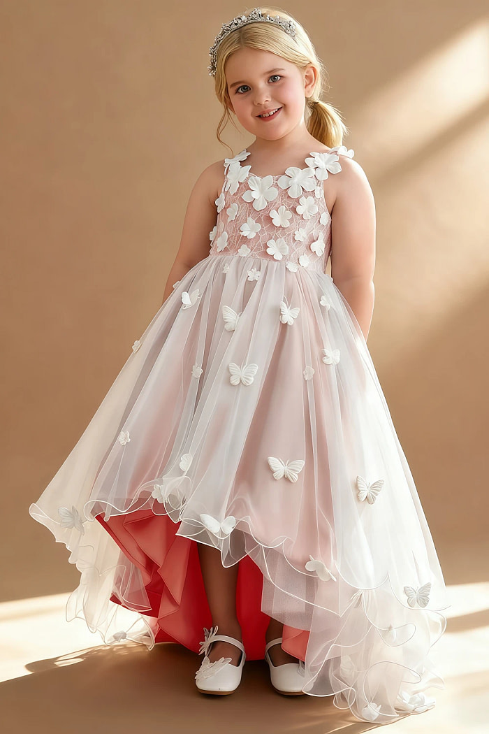 Akaks Eria Rosette Flower Girl Dress A-Line V-Neck Lace Tulle Asymmetrical Hem Sleeveless 3D White Flowers Dress Image656893