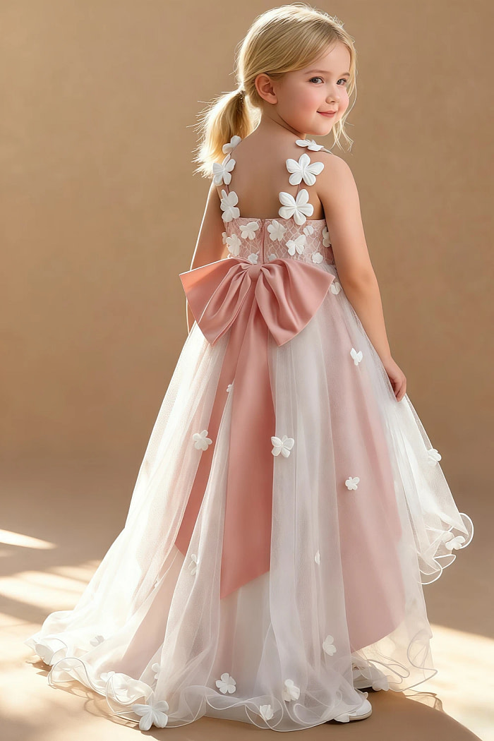 Akaks Eria Rosette Flower Girl Dress A-Line V-Neck Lace Tulle Asymmetrical Hem Sleeveless 3D White Flowers Dress Image794143