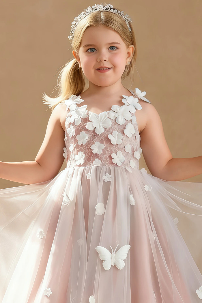 Akaks Eria Rosette Flower Girl Dress A-Line V-Neck Lace Tulle Asymmetrical Hem Sleeveless 3D White Flowers Dress Image866963