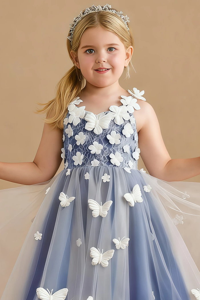 Akaks Eria Royal Blue Flower Girl Dress A-Line V-Neck Lace Tulle Asymmetrical Hem Sleeveless 3D White Flowers Dress Image116598