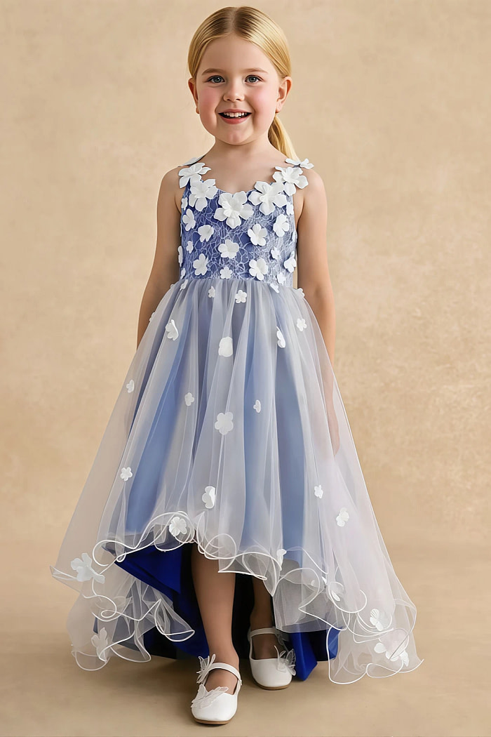 Akaks Eria Royal Blue Flower Girl Dress A-Line V-Neck Lace Tulle Asymmetrical Hem Sleeveless 3D White Flowers Dress Image865112