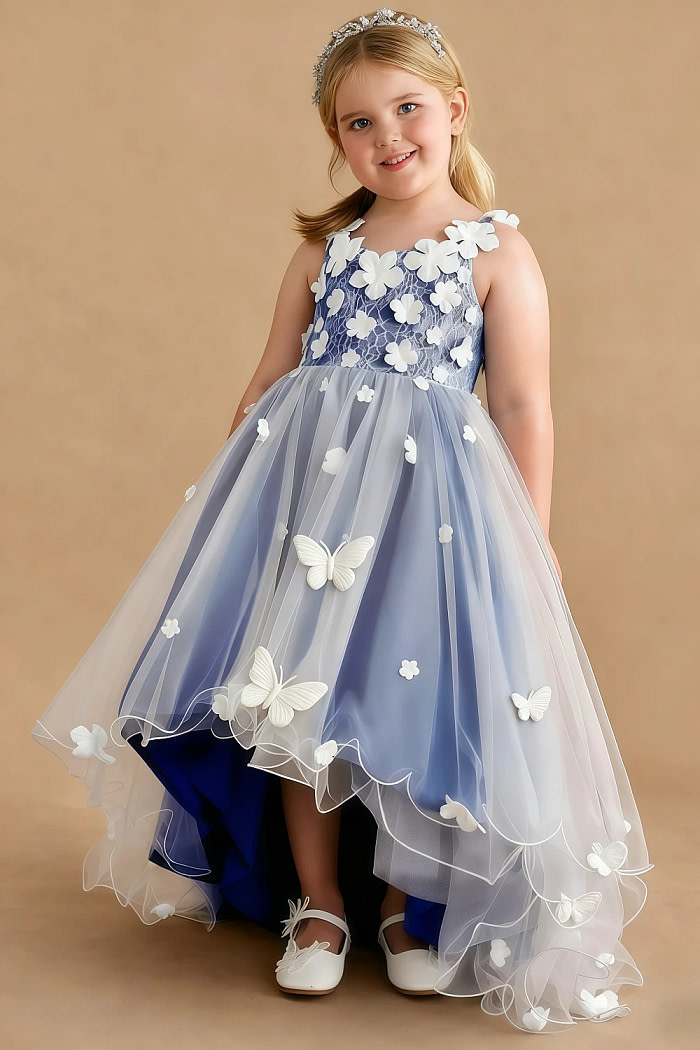 Akaks Eria Royal Blue Flower Girl Dress A-Line V-Neck Lace Tulle Asymmetrical Hem Sleeveless 3D White Flowers Dress Image934913