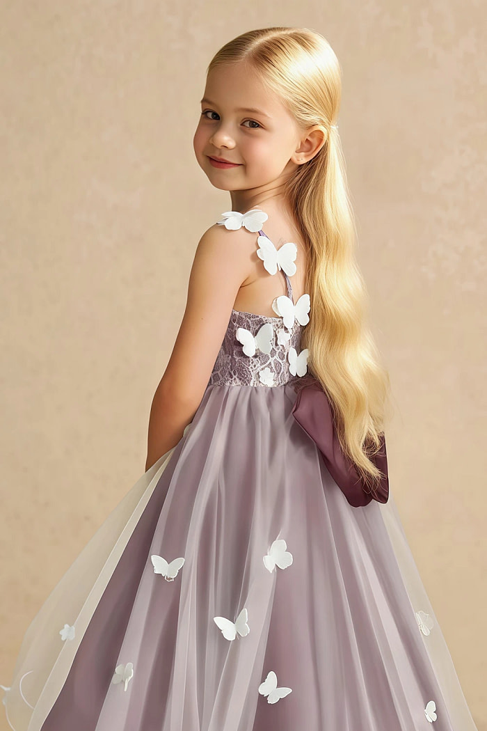Akaks Eria Sangria Flower Girl Dress A-Line V-Neck Lace Tulle Asymmetrical Hem Sleeveless 3D White Flowers Dress Image474694