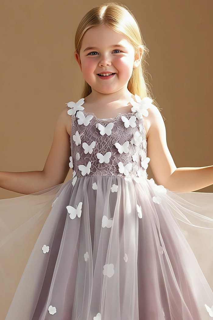 Akaks Eria Sangria Flower Girl Dress A-Line V-Neck Lace Tulle Asymmetrical Hem Sleeveless 3D White Flowers Dress Image719396