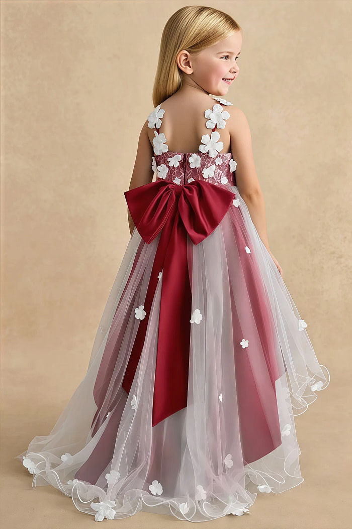 Akaks Eria Scarlet Flower Girl Dress A-Line V-Neck Lace Tulle Asymmetrical Hem Sleeveless 3D White Flowers Dress Image140835