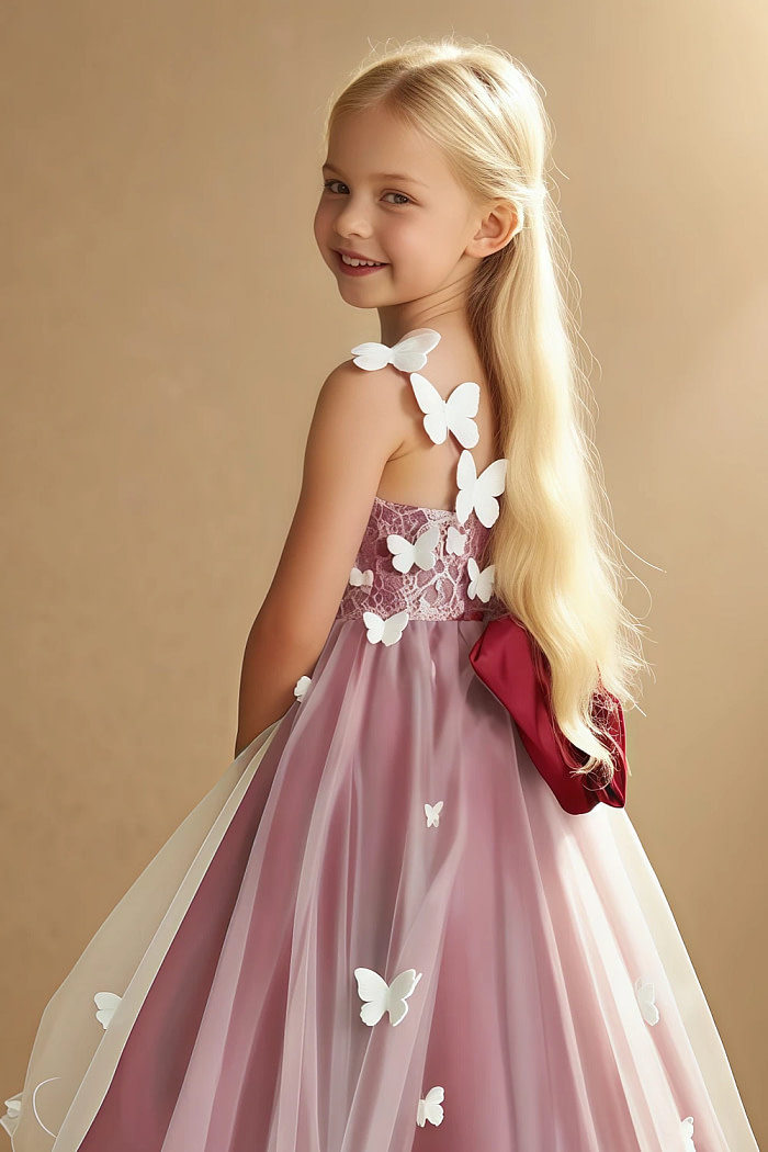 Akaks Eria Scarlet Flower Girl Dress A-Line V-Neck Lace Tulle Asymmetrical Hem Sleeveless 3D White Flowers Dress Image590310