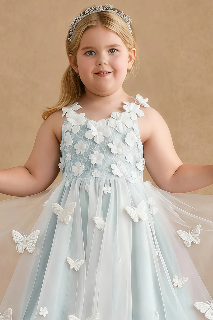 Akaks Eria Sea Glass Flower Girl Dress A-Line V-Neck Lace Tulle Asymmetrical Hem Sleeveless 3D White Flowers Dress Image476669