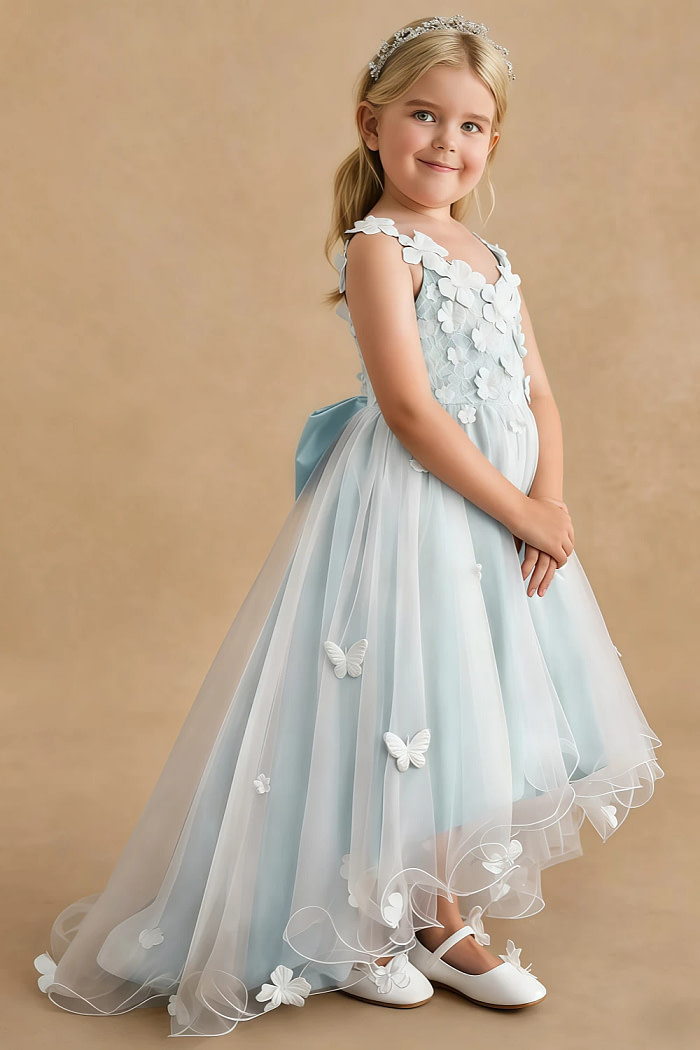 Akaks Eria Sea Glass Flower Girl Dress A-Line V-Neck Lace Tulle Asymmetrical Hem Sleeveless 3D White Flowers Dress Image488550