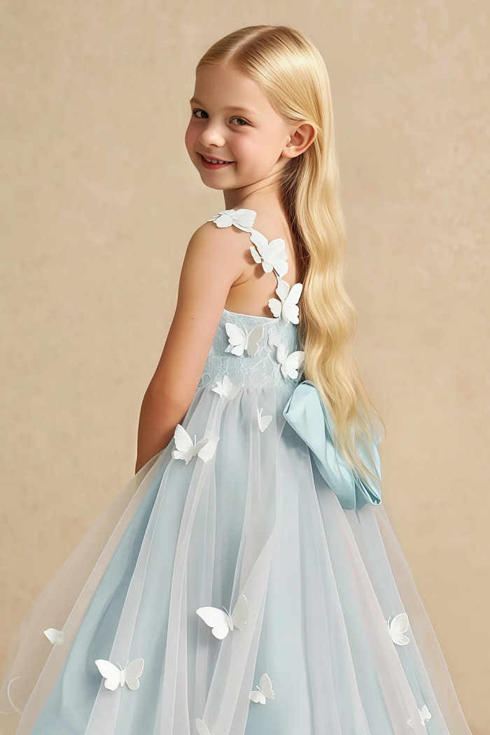 Akaks Eria Sea Glass Flower Girl Dress A-Line V-Neck Lace Tulle Asymmetrical Hem Sleeveless 3D White Flowers Dress Image793255