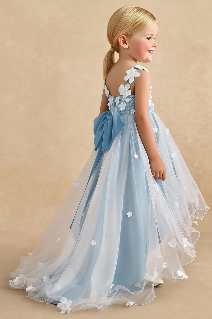 Akaks Eria Steel Blue Flower Girl Dress A-Line V-Neck Lace Tulle Asymmetrical Hem Sleeveless 3D White Flowers Dress Image478820