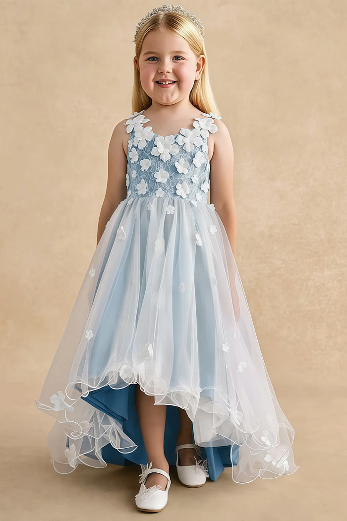 Akaks Eria Steel Blue Flower Girl Dress A-Line V-Neck Lace Tulle Asymmetrical Hem Sleeveless 3D White Flowers Dress Image545907
