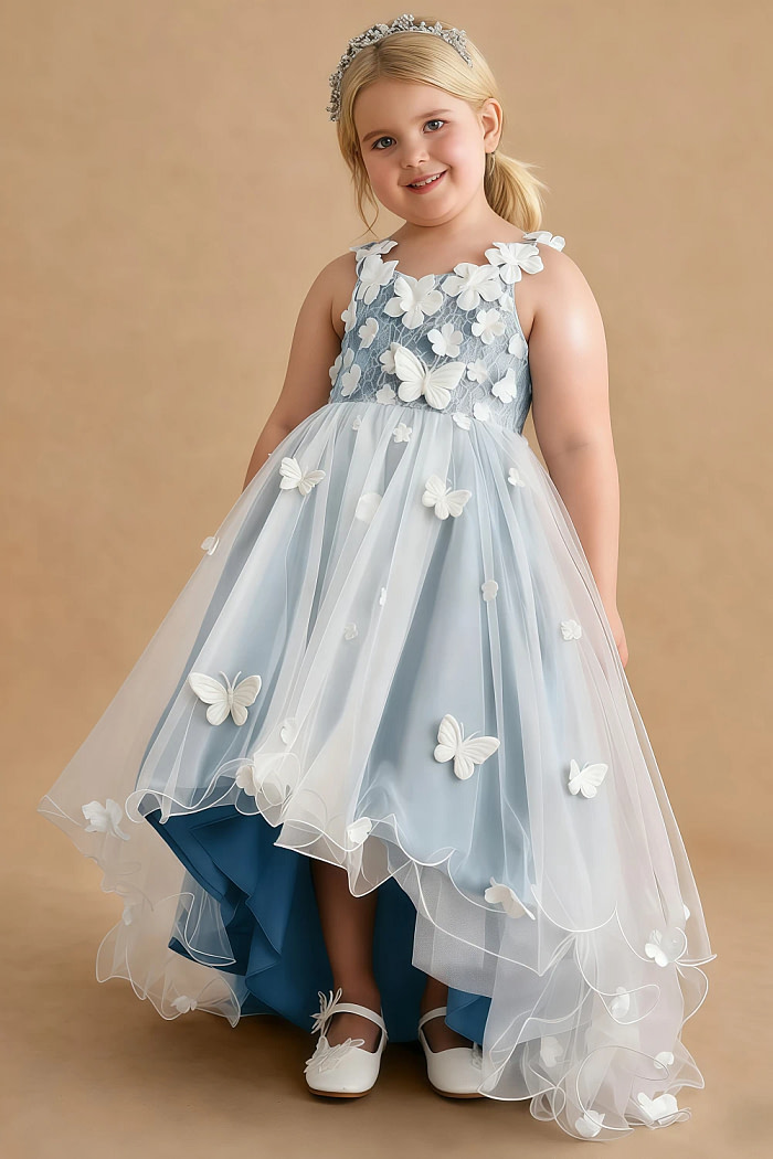 Akaks Eria Steel Blue Flower Girl Dress A-Line V-Neck Lace Tulle Asymmetrical Hem Sleeveless 3D White Flowers Dress Image603536
