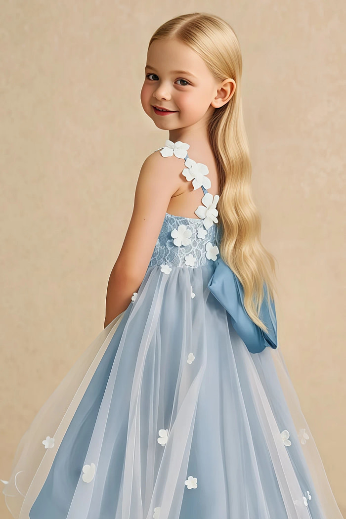 Akaks Eria Steel Blue Flower Girl Dress A-Line V-Neck Lace Tulle Asymmetrical Hem Sleeveless 3D White Flowers Dress Image798231
