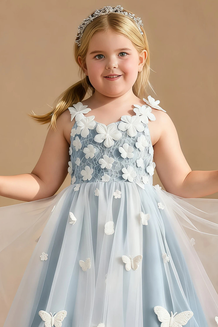 Akaks Eria Steel Blue Flower Girl Dress A-Line V-Neck Lace Tulle Asymmetrical Hem Sleeveless 3D White Flowers Dress Image814248