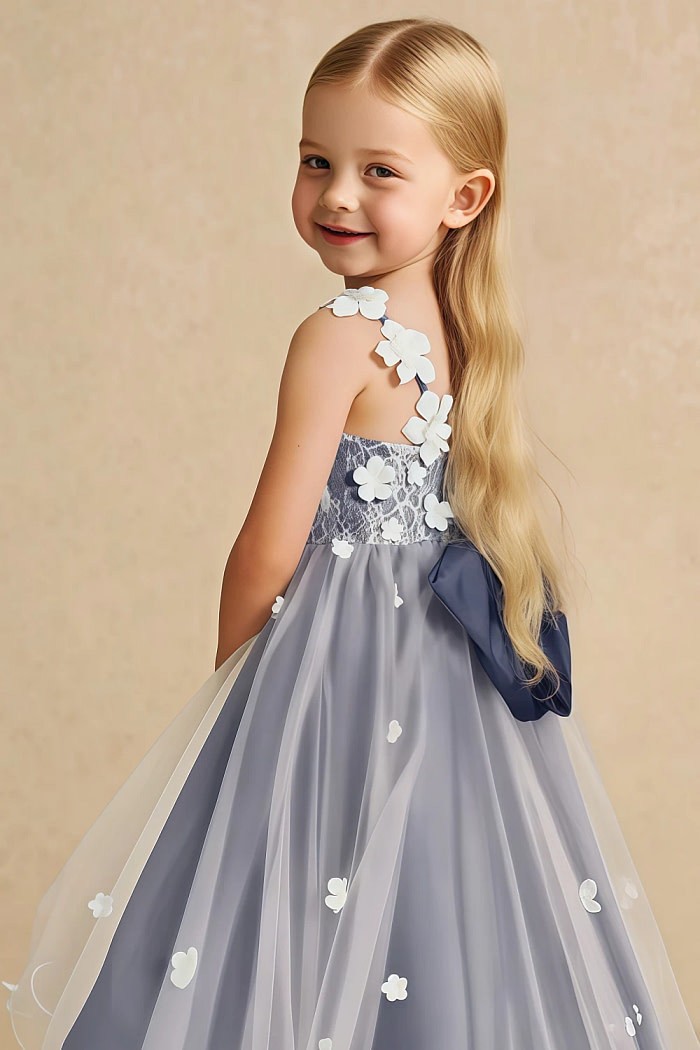 Akaks Eria Stormy Blue Flower Girl Dress A-Line V-Neck Lace Tulle Asymmetrical Hem Sleeveless 3D White Flowers Dress Image307236