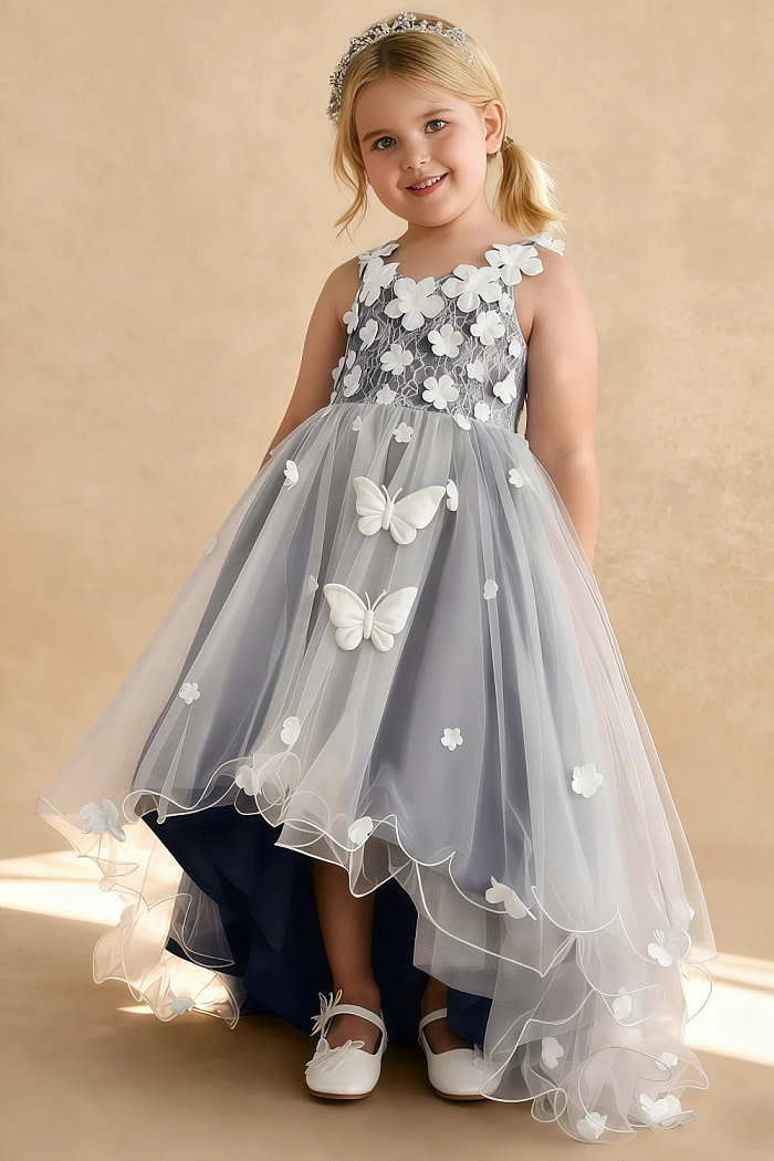 Akaks Eria Stormy Blue Flower Girl Dress A-Line V-Neck Lace Tulle Asymmetrical Hem Sleeveless 3D White Flowers Dress Image395979