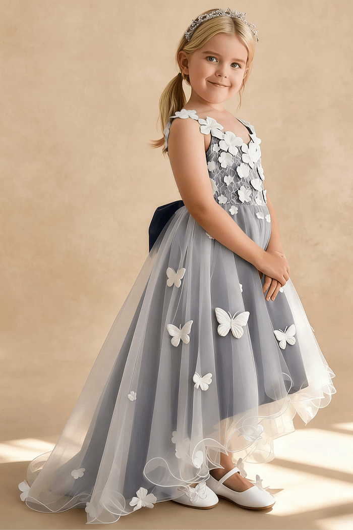 Akaks Eria Stormy Blue Flower Girl Dress A-Line V-Neck Lace Tulle Asymmetrical Hem Sleeveless 3D White Flowers Dress Image951284