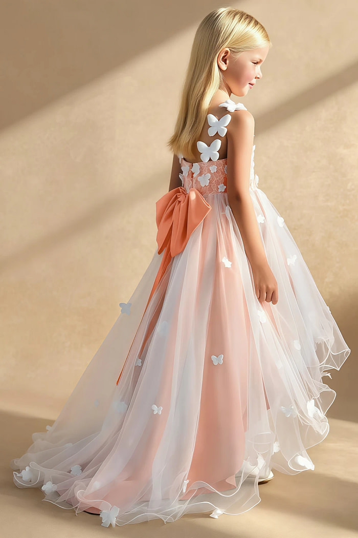 Akaks Eria Sunset Flower Girl Dress A-Line V-Neck Lace Tulle Asymmetrical Hem Sleeveless 3D White Flowers Dress Image127321