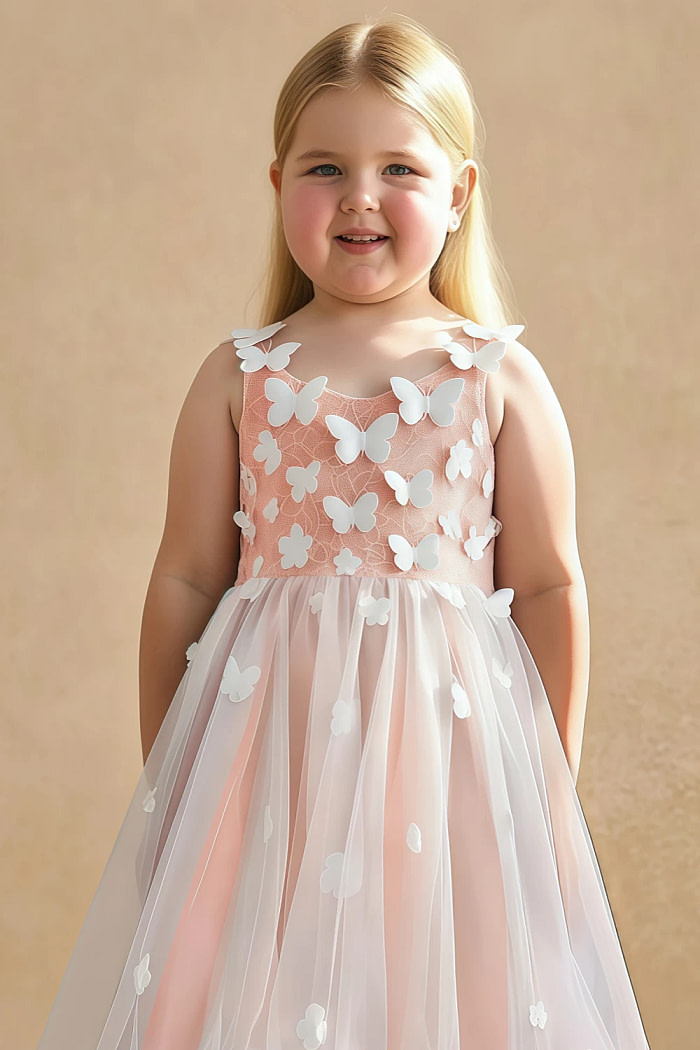 Akaks Eria Sunset Flower Girl Dress A-Line V-Neck Lace Tulle Asymmetrical Hem Sleeveless 3D White Flowers Dress Image287190