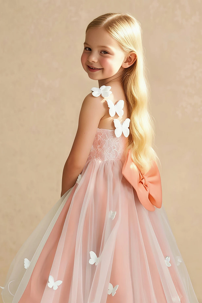 Akaks Eria Sunset Flower Girl Dress A-Line V-Neck Lace Tulle Asymmetrical Hem Sleeveless 3D White Flowers Dress Image451162