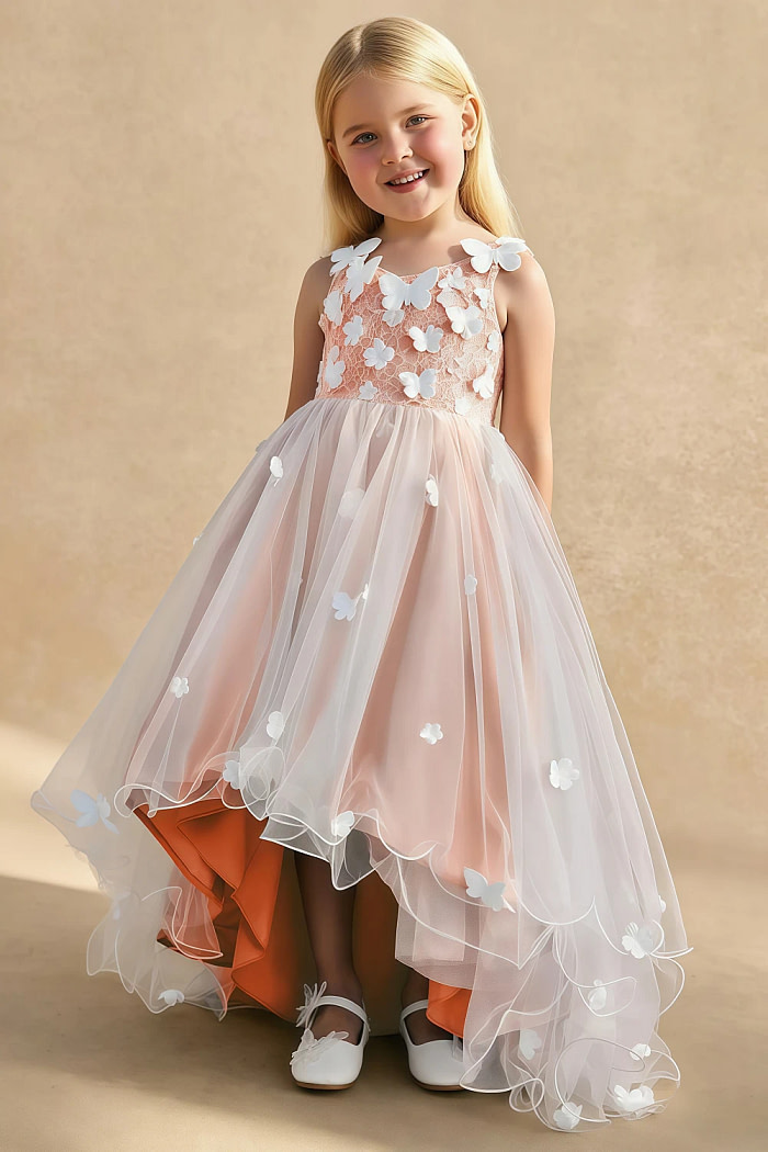 Akaks Eria Sunset Flower Girl Dress A-Line V-Neck Lace Tulle Asymmetrical Hem Sleeveless 3D White Flowers Dress Image785757