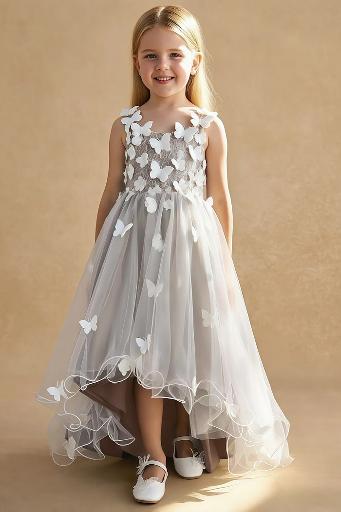 Akaks Eria Taupe Flower Girl Dress A-Line V-Neck Lace Tulle Asymmetrical Hem Sleeveless 3D White Flowers Dress Image423111