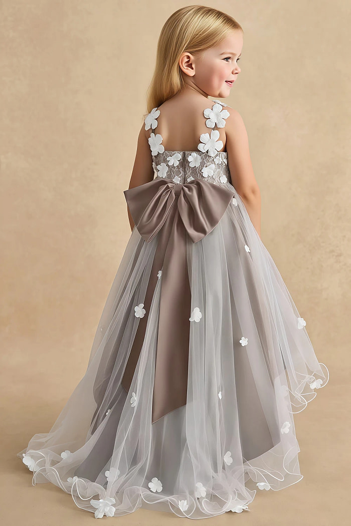 Akaks Eria Taupe Flower Girl Dress A-Line V-Neck Lace Tulle Asymmetrical Hem Sleeveless 3D White Flowers Dress Image847531