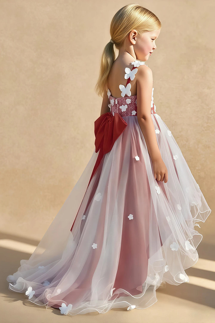 Akaks Eria Terracotta Flower Girl Dress A-Line V-Neck Lace Tulle Asymmetrical Hem Sleeveless 3D White Flowers Dress Image263646