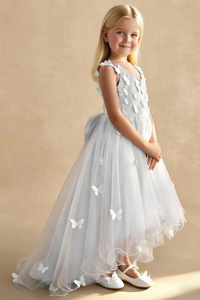 Akaks Eria White Flower Girl Dress A-Line V-Neck Lace Tulle Asymmetrical Hem Sleeveless 3D White Flowers Dress Image228556
