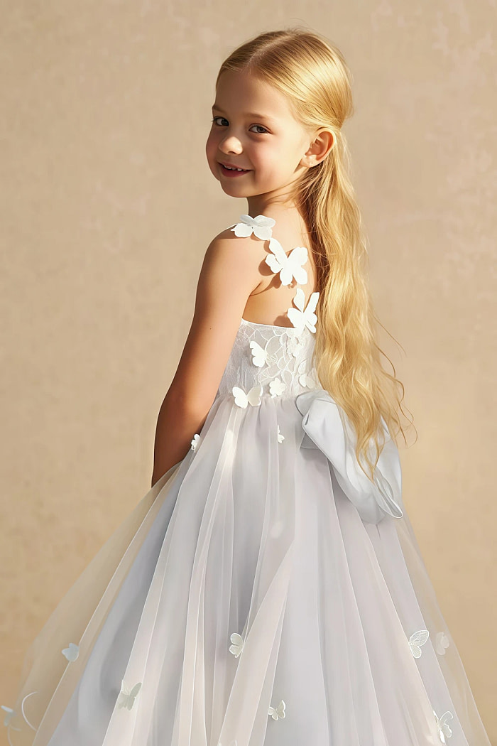 Akaks Eria White Flower Girl Dress A-Line V-Neck Lace Tulle Asymmetrical Hem Sleeveless 3D White Flowers Dress Image598690