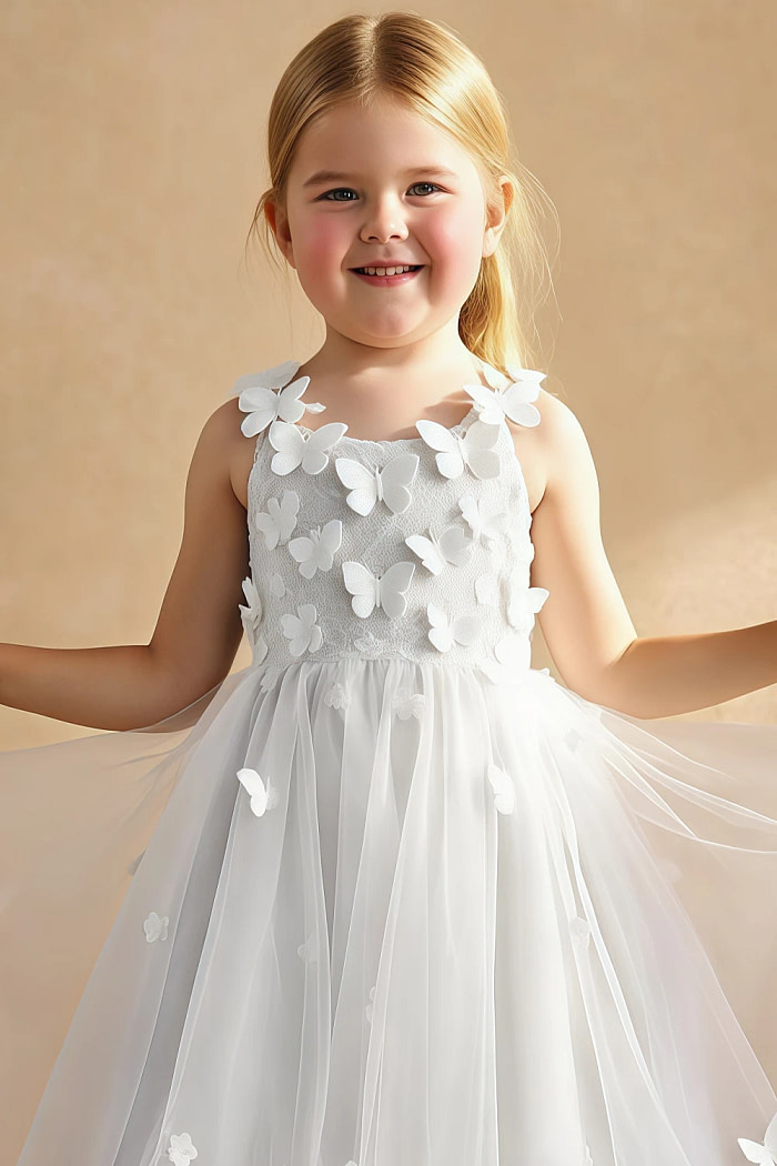 Akaks Eria White Flower Girl Dress A-Line V-Neck Lace Tulle Asymmetrical Hem Sleeveless 3D White Flowers Dress Image641923