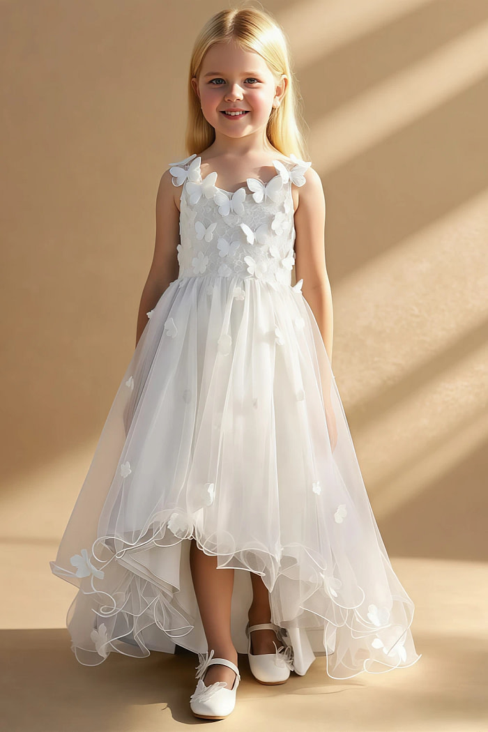 Akaks Eria White Flower Girl Dress A-Line V-Neck Lace Tulle Asymmetrical Hem Sleeveless 3D White Flowers Dress Image698908