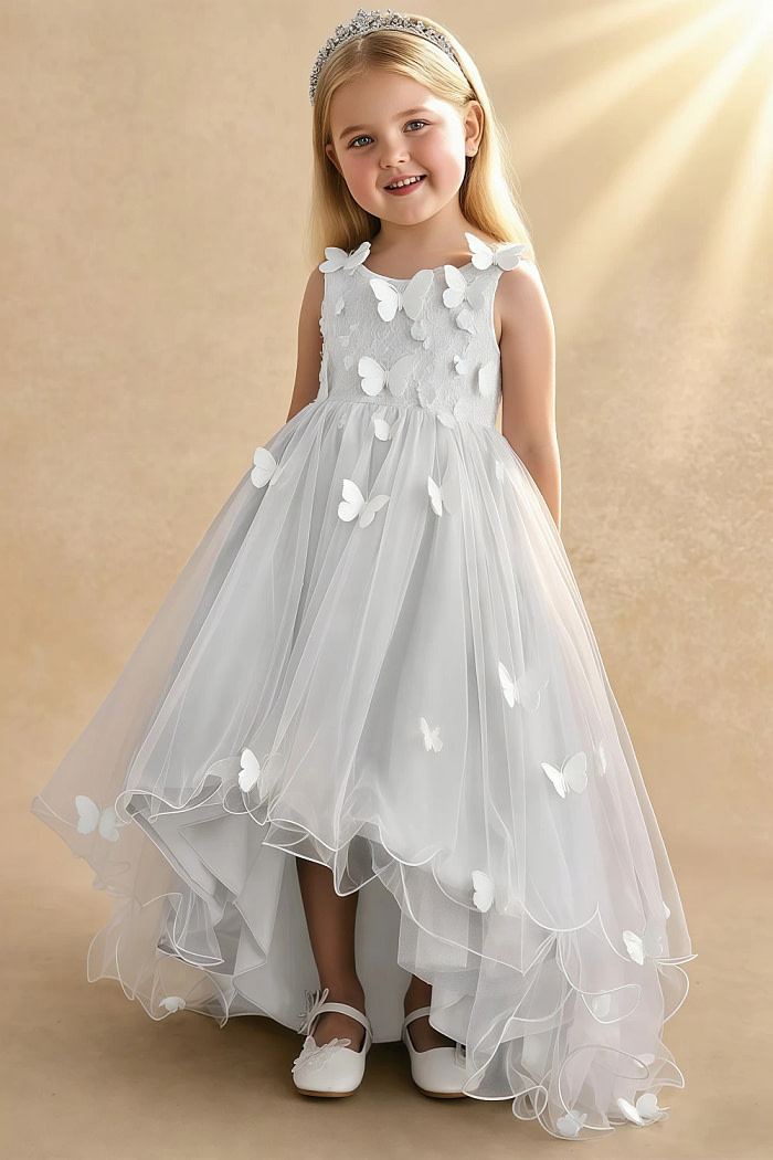 Akaks Eria White Flower Girl Dress A-Line V-Neck Lace Tulle Asymmetrical Hem Sleeveless 3D White Flowers Dress Image699436