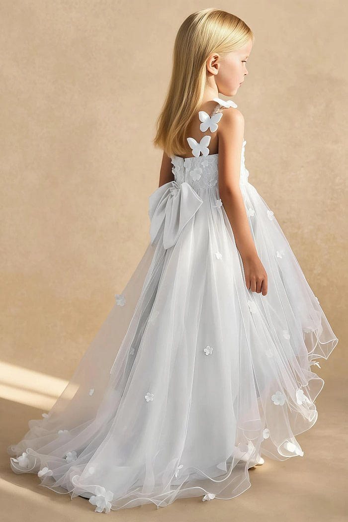 Akaks Eria White Flower Girl Dress A-Line V-Neck Lace Tulle Asymmetrical Hem Sleeveless 3D White Flowers Dress Image933355