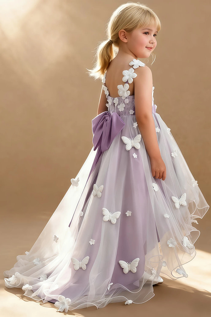 Akaks Eria Wisteria Flower Girl Dress A-Line V-Neck Lace Tulle Asymmetrical Hem Sleeveless 3D White Flowers Dress Image137967