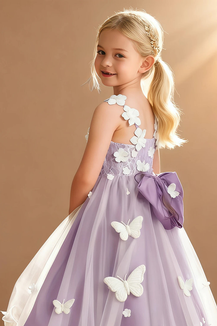 Akaks Eria Wisteria Flower Girl Dress A-Line V-Neck Lace Tulle Asymmetrical Hem Sleeveless 3D White Flowers Dress Image141491