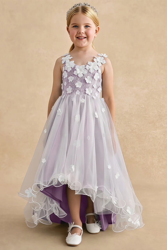 Akaks Eria Wisteria Flower Girl Dress A-Line V-Neck Lace Tulle Asymmetrical Hem Sleeveless 3D White Flowers Dress Image318769