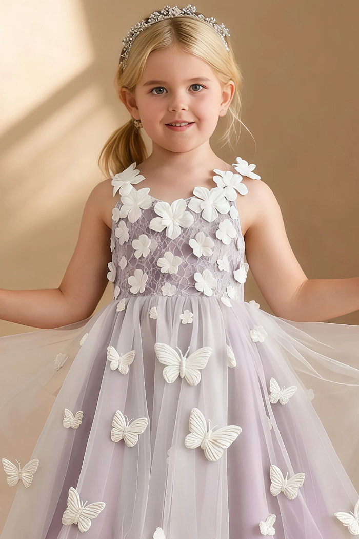 Akaks Eria Wisteria Flower Girl Dress A-Line V-Neck Lace Tulle Asymmetrical Hem Sleeveless 3D White Flowers Dress Image441197