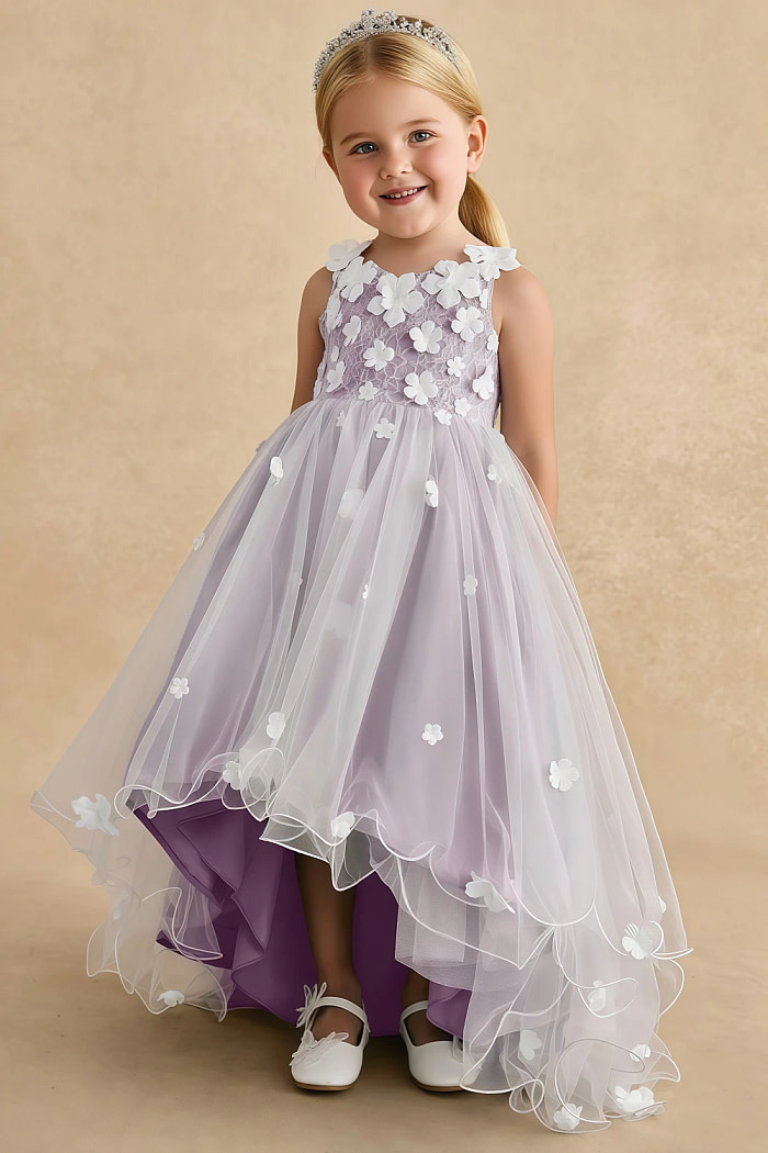 Akaks Eria Wisteria Flower Girl Dress A-Line V-Neck Lace Tulle Asymmetrical Hem Sleeveless 3D White Flowers Dress Image964404