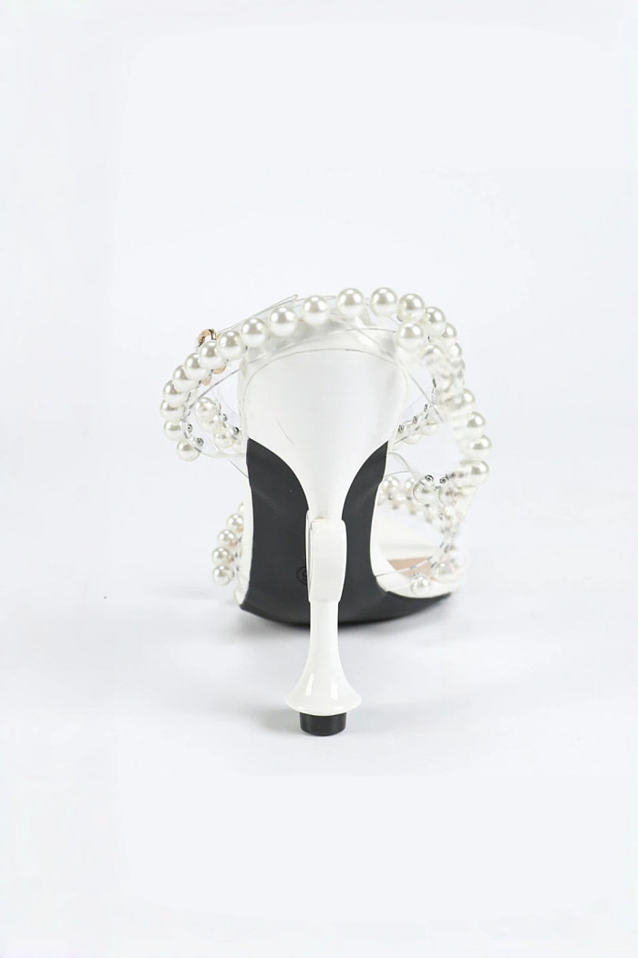 Akaks Fleur Peep Toe Stiletto White Sandals Pearl Strap For Women Heel Height 4.17Inch Image825534