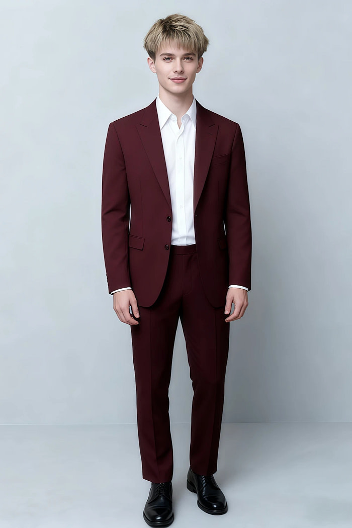 Akaks James Wool Burgundy Suit Men Classic Single-Breasted Notch Lapels Jacket Adjustable Hems Pants Image546644