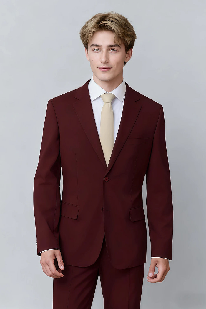 Akaks James Wool Burgundy Suit Men Classic Single-Breasted Notch Lapels Jacket Adjustable Hems Pants Image641166