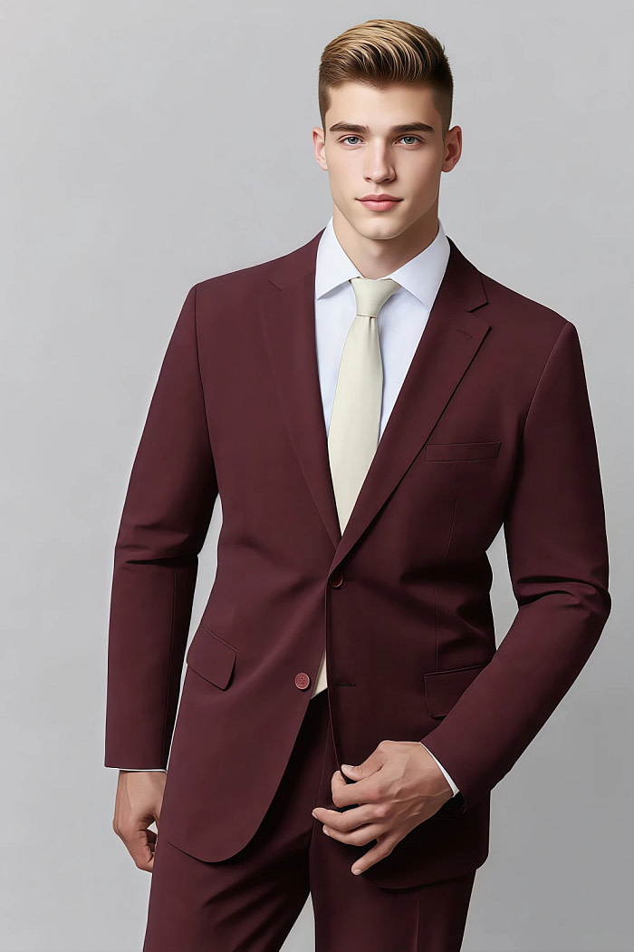 Akaks James Wool Burgundy Suit Men Classic Single-Breasted Notch Lapels Jacket Adjustable Hems Pants Image843693