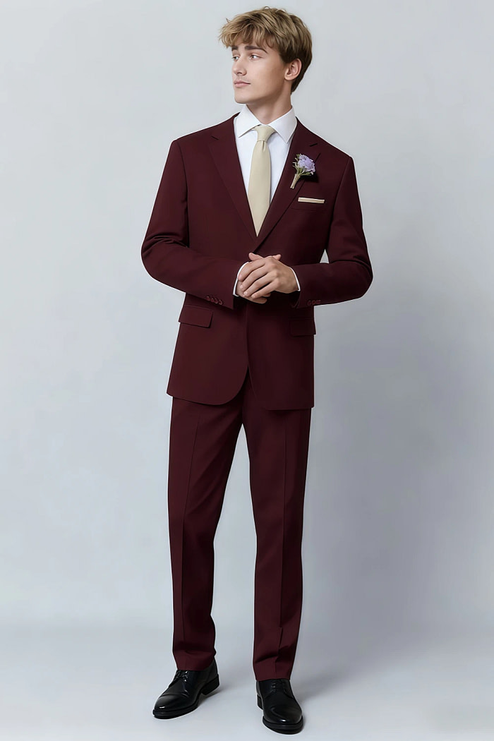 Akaks James Wool Burgundy Suit Men Classic Single-Breasted Notch Lapels Jacket Adjustable Hems Pants Image903926