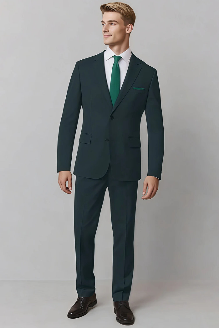 Akaks James Wool Dark Green Suit Classic Single-Breasted Notch Lapels Jacket Adjustable Hems Pants Image235818