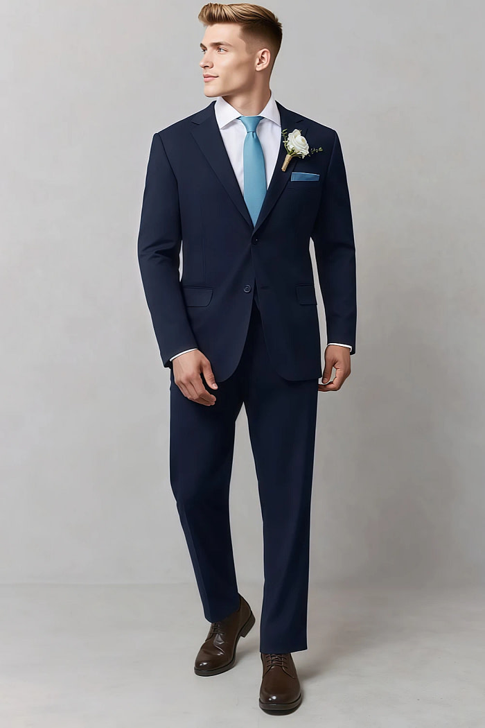 Akaks James Wool Navy Blue Suit Classic Single-Breasted Notch Lapels Jacket Adjustable Hems Pants Image982967