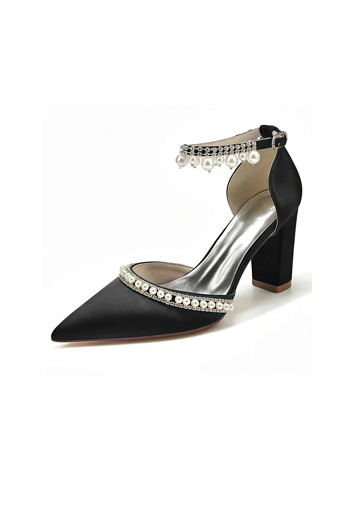 Akaks Jessa Block Heel Pointed Toe Pumps Black With Pearls Image142457