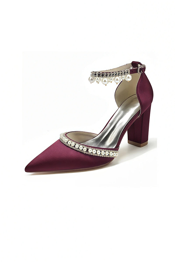 Akaks Jessa Block Heel Pointed Toe Pumps Burgundy With Pearls Image797897