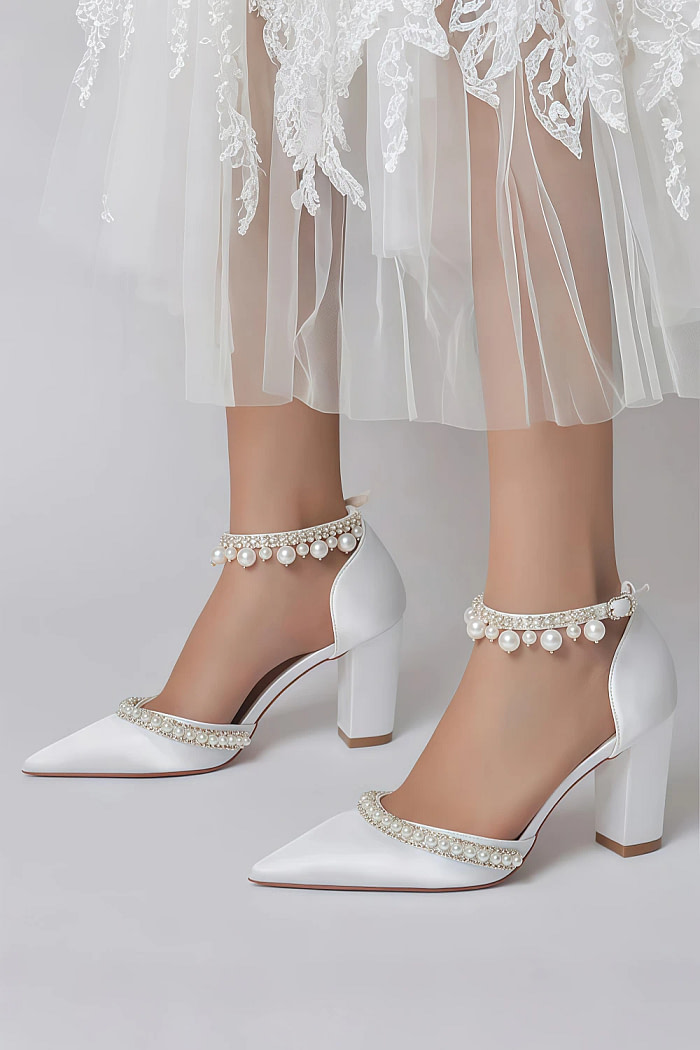 Akaks Jessa Block Heel Pointed Toe Pumps White With Pearls Image998936